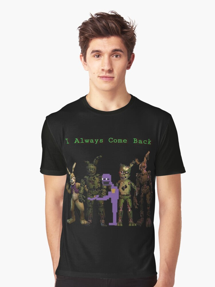 Five Nights at Freddy's "I ALWAYS COME BACK" graphic t-shirt featuring William Afton, Springtrap, and other characters from the FNAF video game saga. - Men