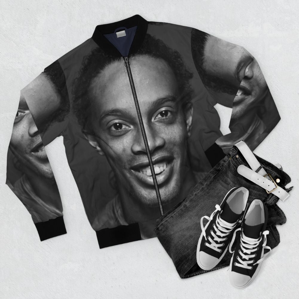 Illustration of soccer players Ronaldinho and Neymar on a bomber jacket - Flat lay