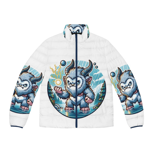 Majestic silver ape puffer jacket featuring a fantastical legendary animal design