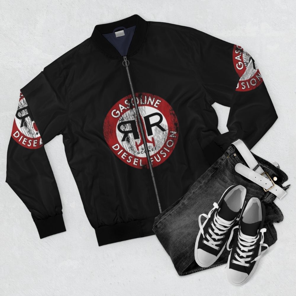 Red bomber jacket with red rocket logo - Flat lay