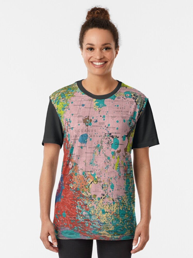 Graphic t-shirt featuring a detailed geological map of the moon, perfect for space and science enthusiasts. - Women