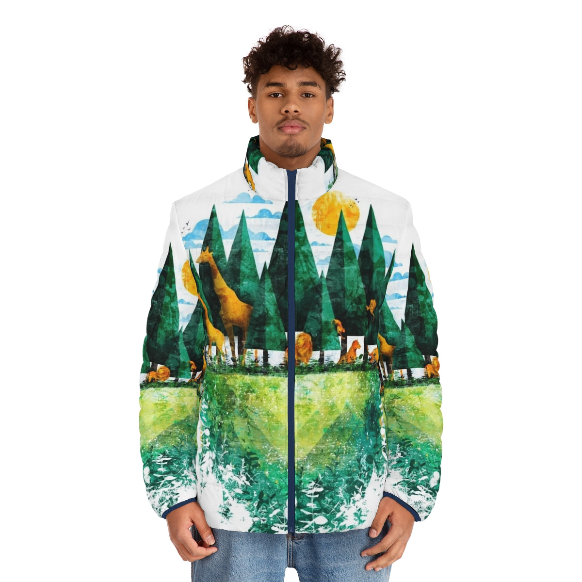 Geo Forest Puffer Jacket with nature and animal graphics - men front