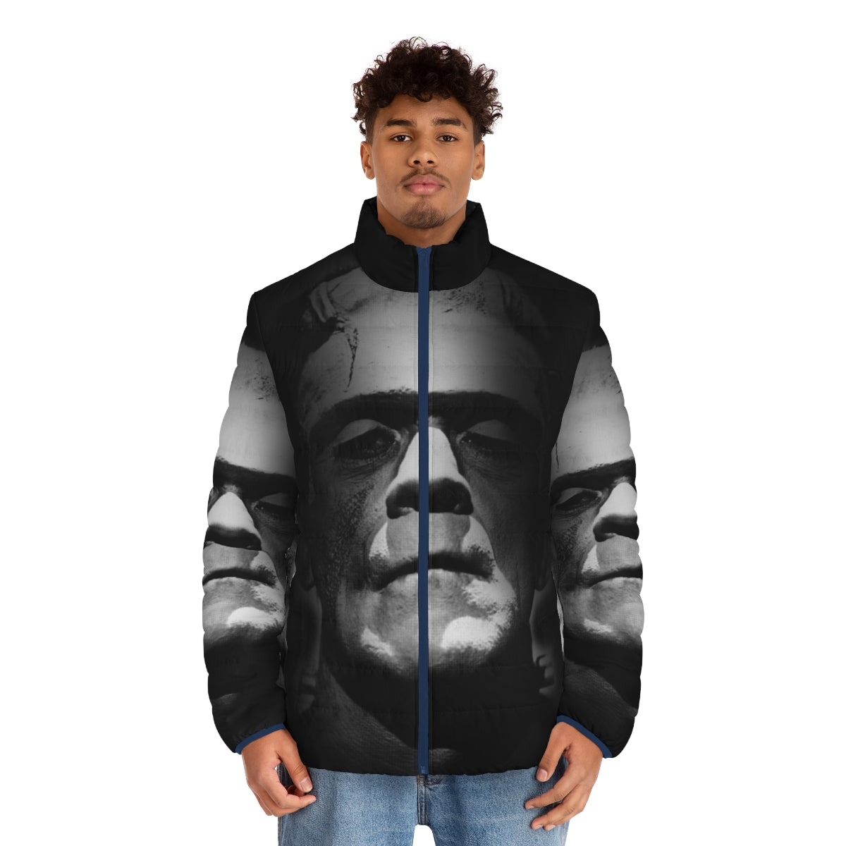 Frankenstein monster puffer jacket featuring the iconic Boris Karloff face - men front