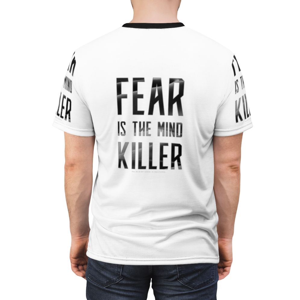 Dark t-shirt featuring the iconic "Fear is the mind-killer" quote from the Dune sci-fi universe. - men back