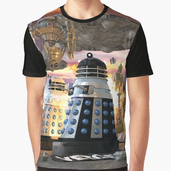 Graphic t-shirt with a striped design featuring the iconic Daleks from the sci-fi series invading Earth