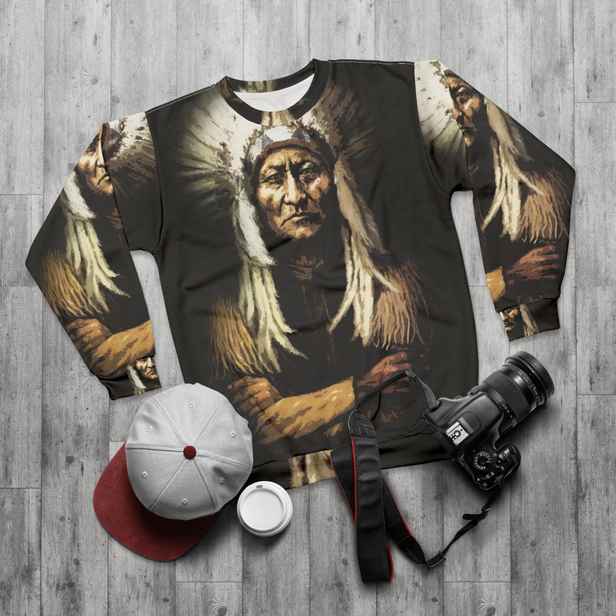 Sitting Bull Native American Tribal Design Sweatshirt - flat lay