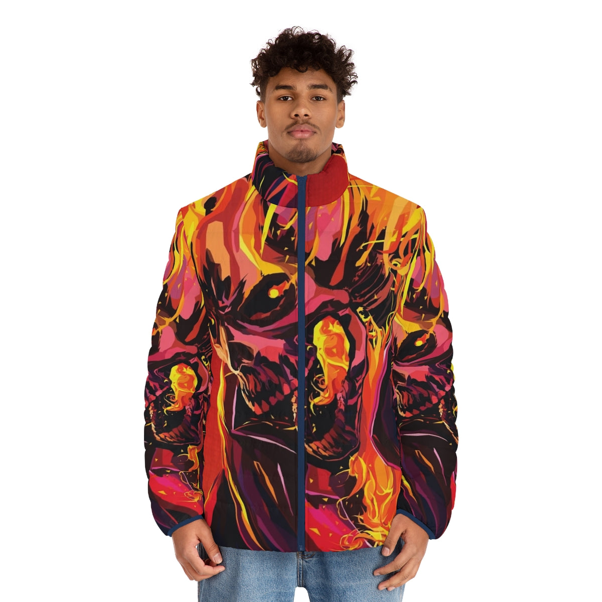 A puffer jacket featuring the iconic Ghost Rider character with a flaming skull design - men front