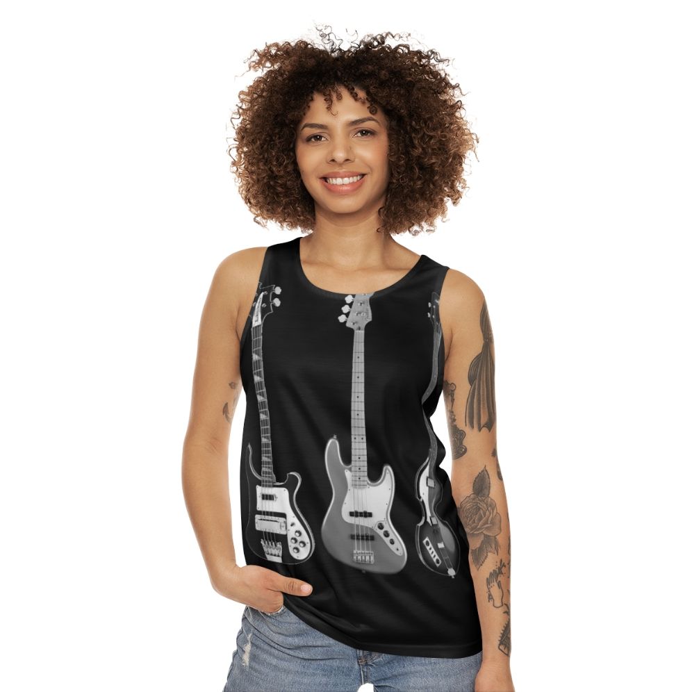 Unisex tank top featuring bass and guitar designs - women