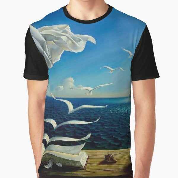 Vintage fantasy surreal print with birds, boats, and sun on a graphic t-shirt