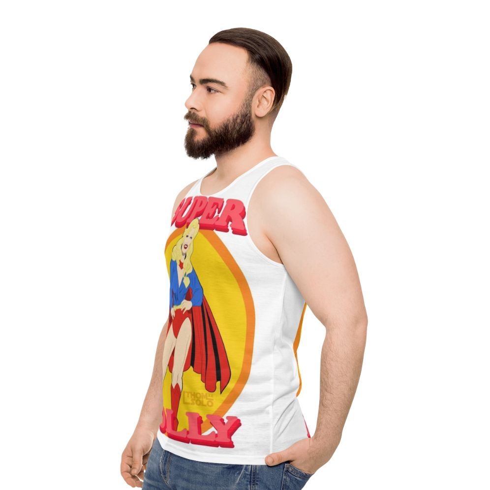 Unisex tank top with Dolly Parton and superhero pinup style - men side