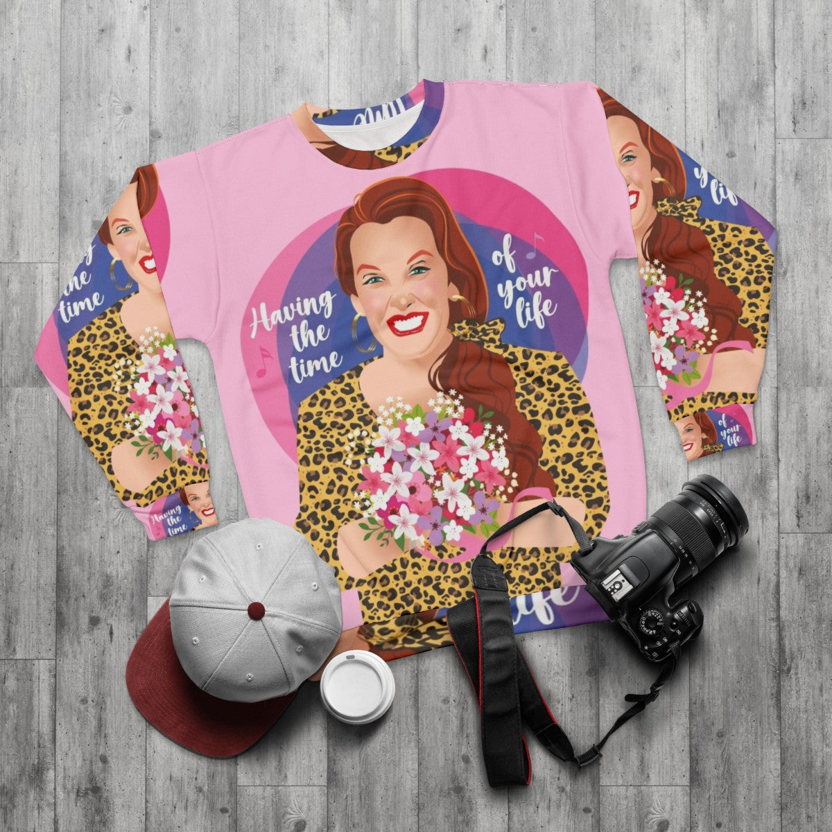 Time of Your Life Sweatshirt featuring Alejandro Mogolloart inspired design - flat lay