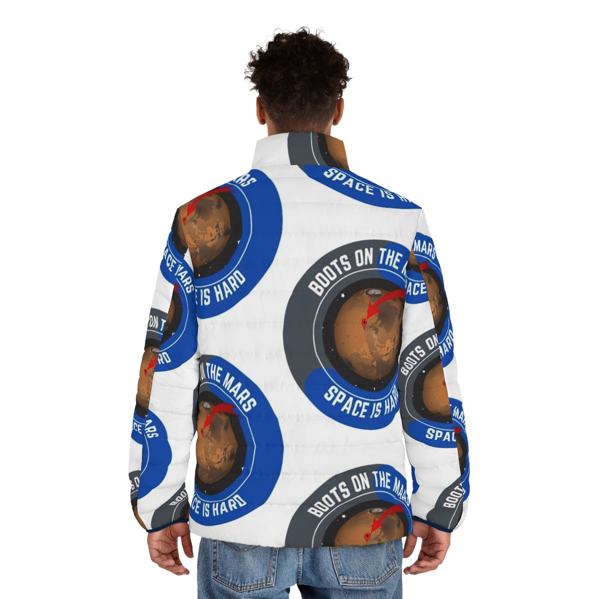 Space Force inspired puffer jacket with moon and mars graphics - men back