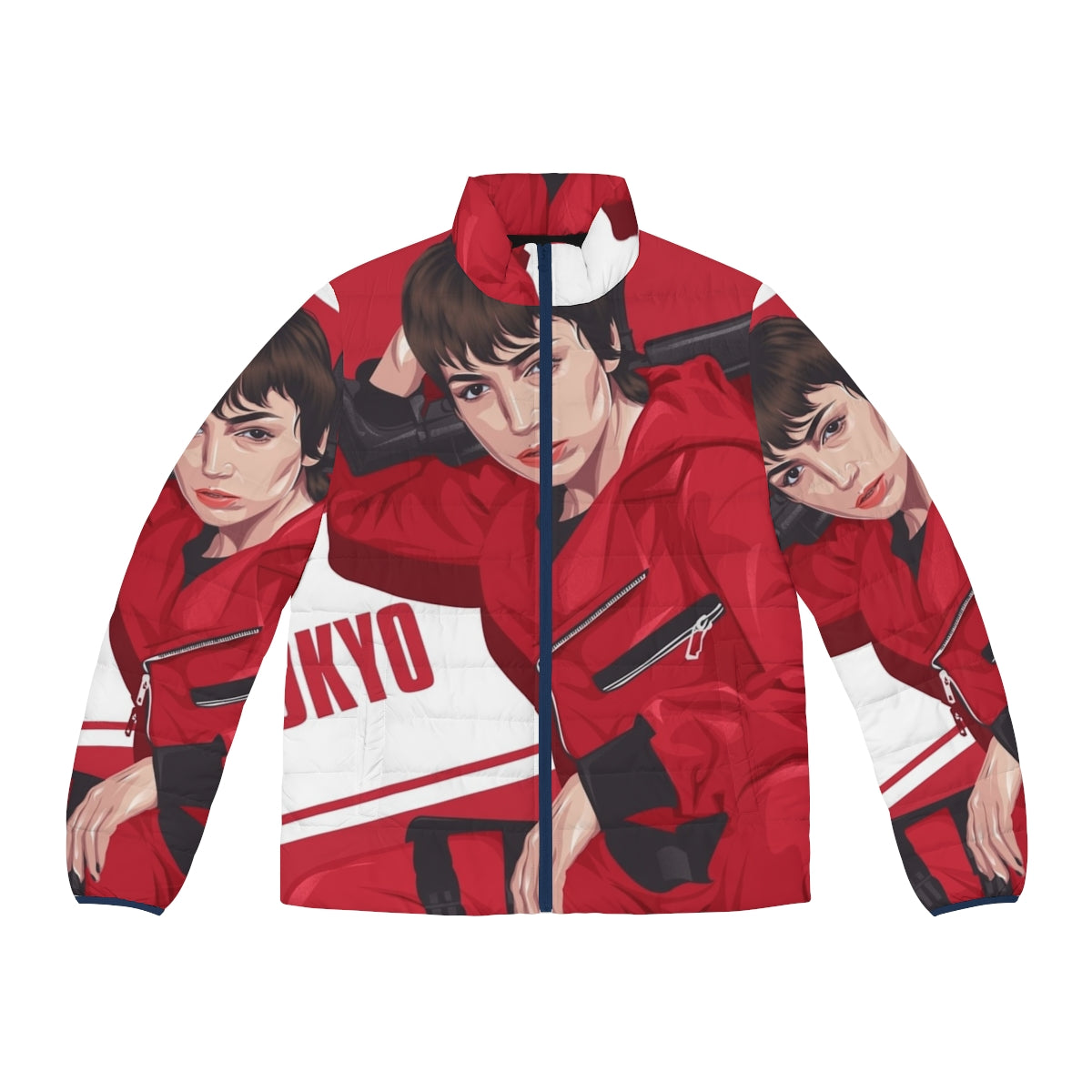 Tokyo puffer jacket with Money Heist anime-style design