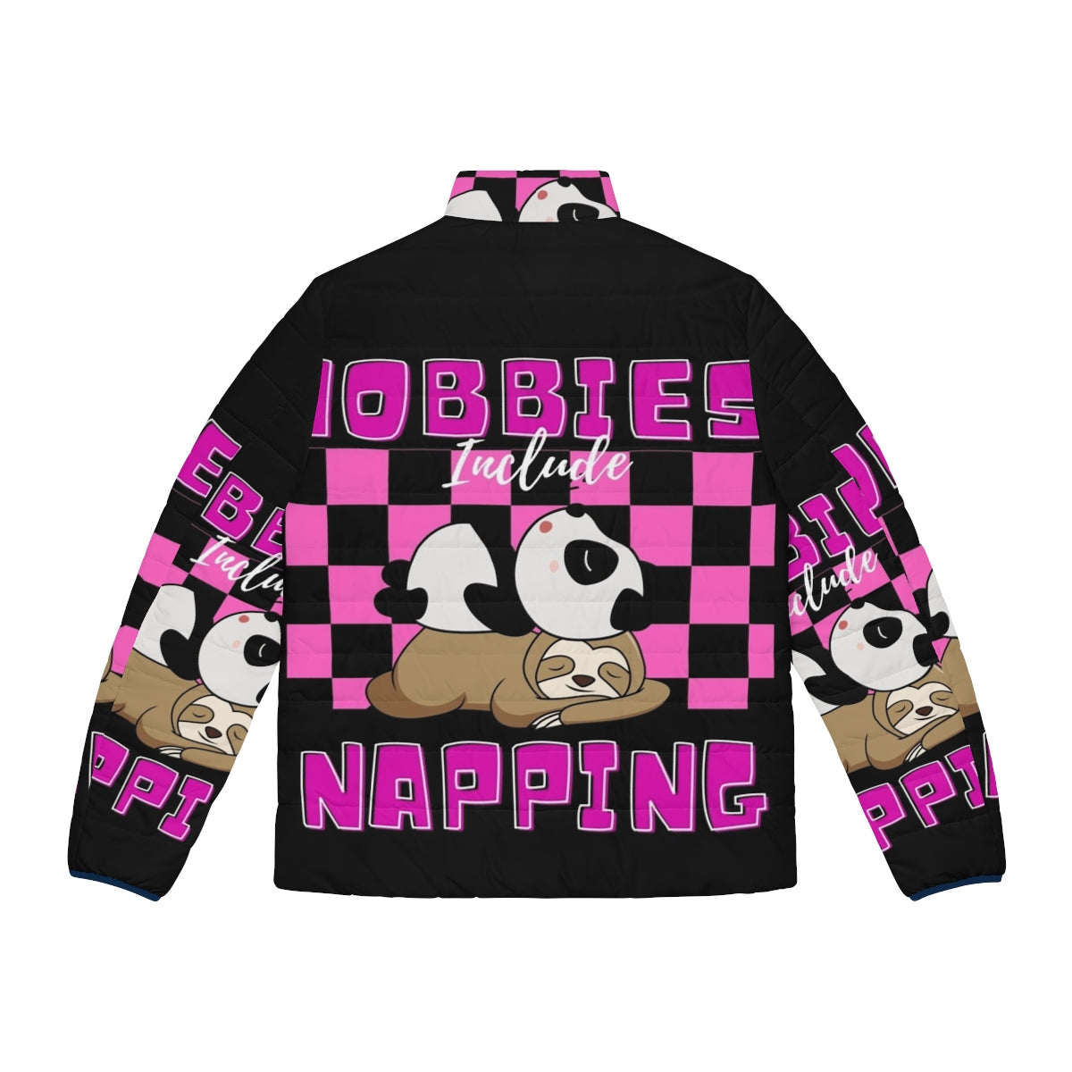 Cozy puffer jacket with "Hobbies Include Napping" design - Back