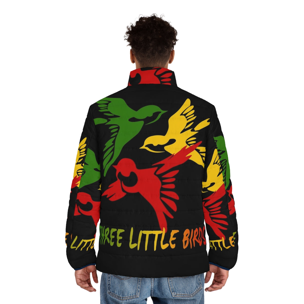 Three Little Birds Reggae Puffer Jacket with focus on reggae, rasta, and Jamaican style - men back