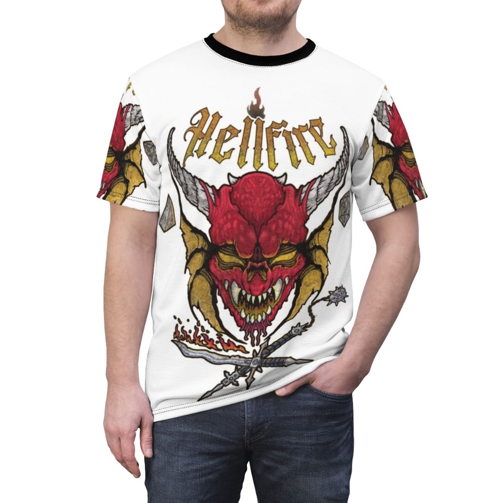 A high-quality all-over print t-shirt featuring a Stranger Things inspired Hellfire Club design. - men front