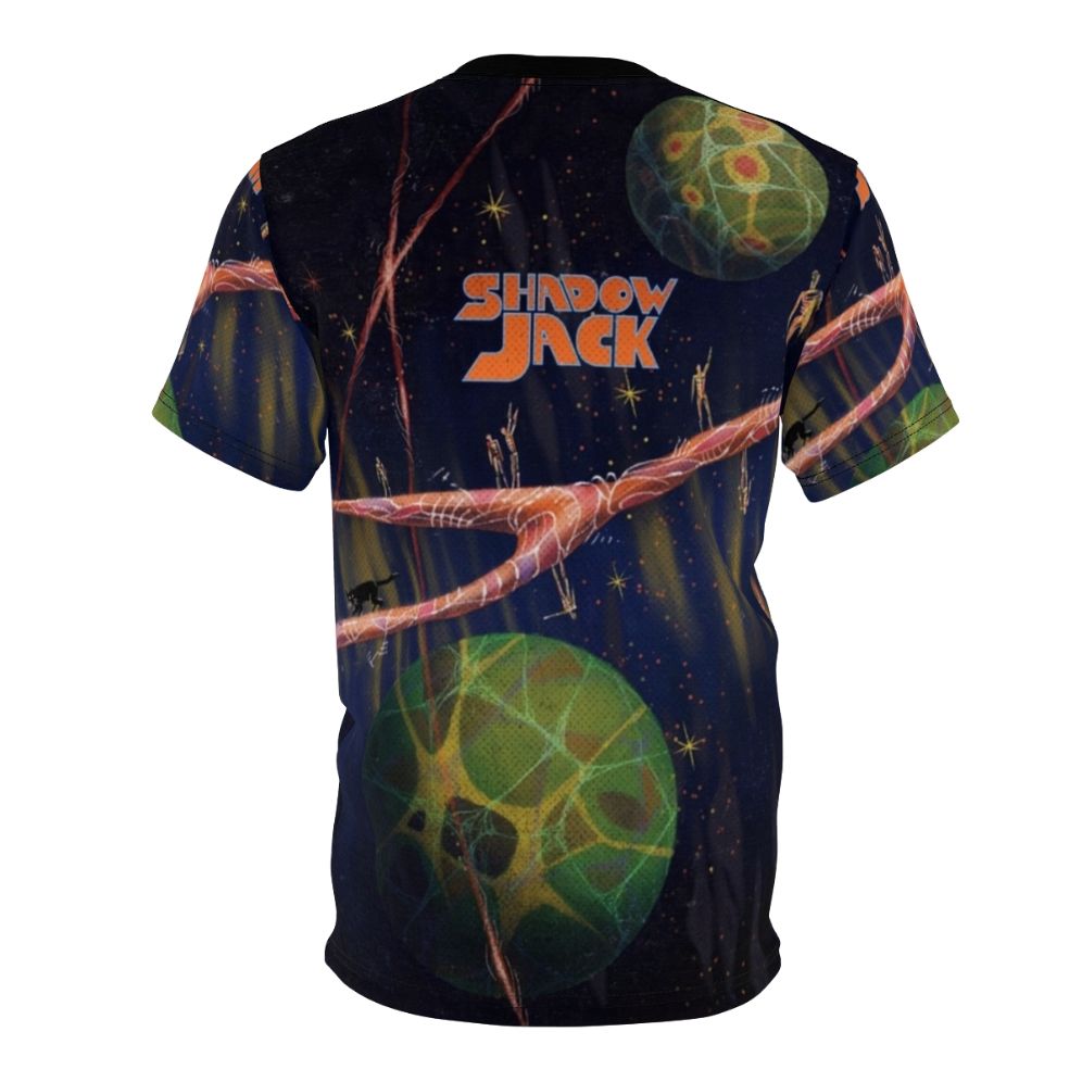 Psychedelic retro sci-fi inspired Shadowjack t-shirt featuring planets, stars, and space elements - Back