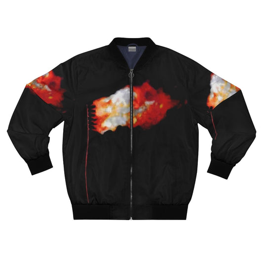 Red bomber jacket with burning flag design