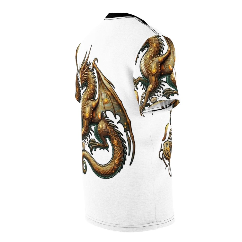 T-shirt featuring a dragon design with Bitcoin, cryptocurrency, and blockchain symbols. - men right