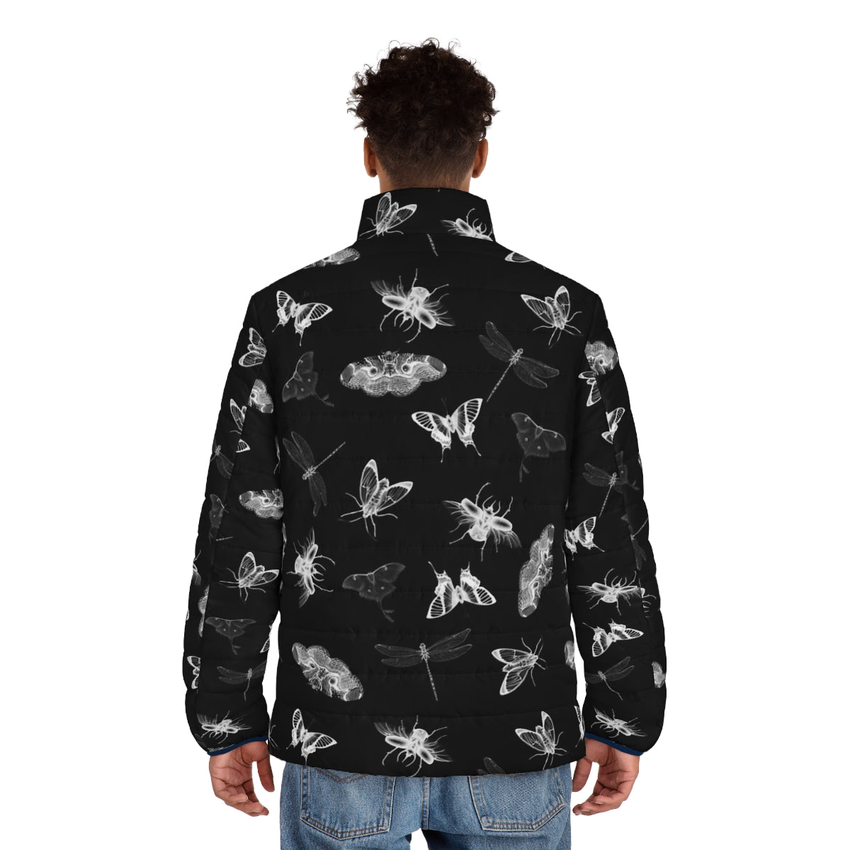 Puffer jacket with a nightmare-inducing bug pattern design - men back