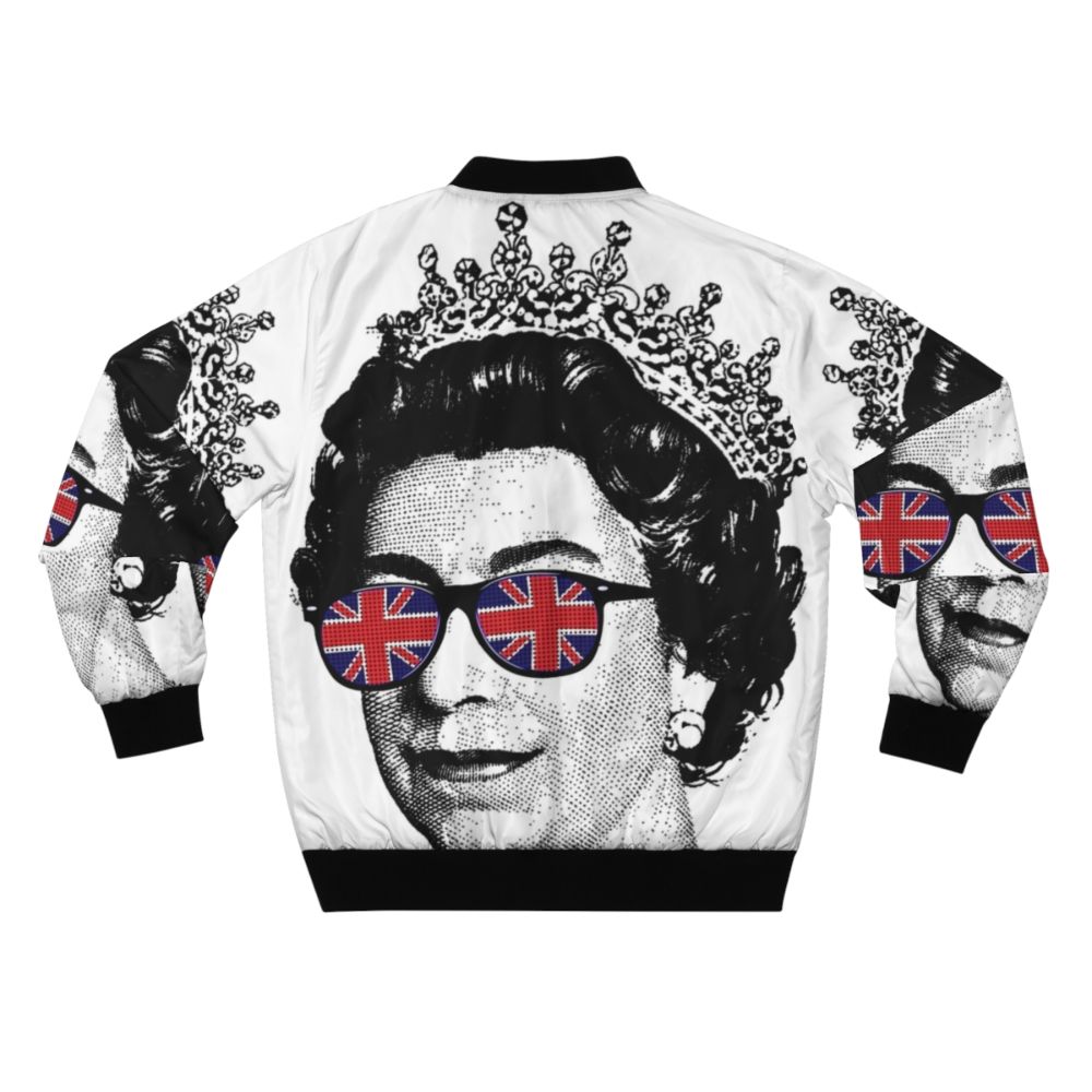 A bomber jacket featuring the Union Jack design and the Queen's head, celebrating the Queen's Platinum Jubilee. - Back