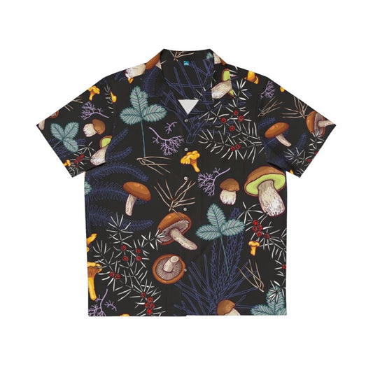 Dark Wild Forest Mushrooms Hawaiian Shirt with Autumn Leaves Nature Pattern