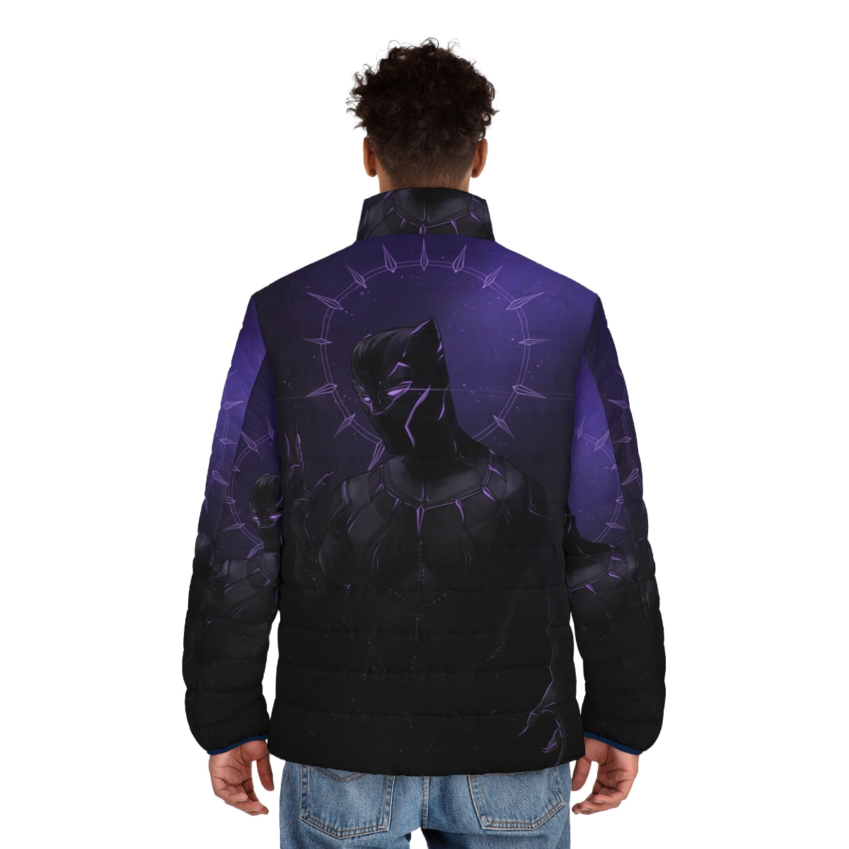 A black and purple puffer jacket featuring a panther design, perfect for the superhero-inspired look. - men back