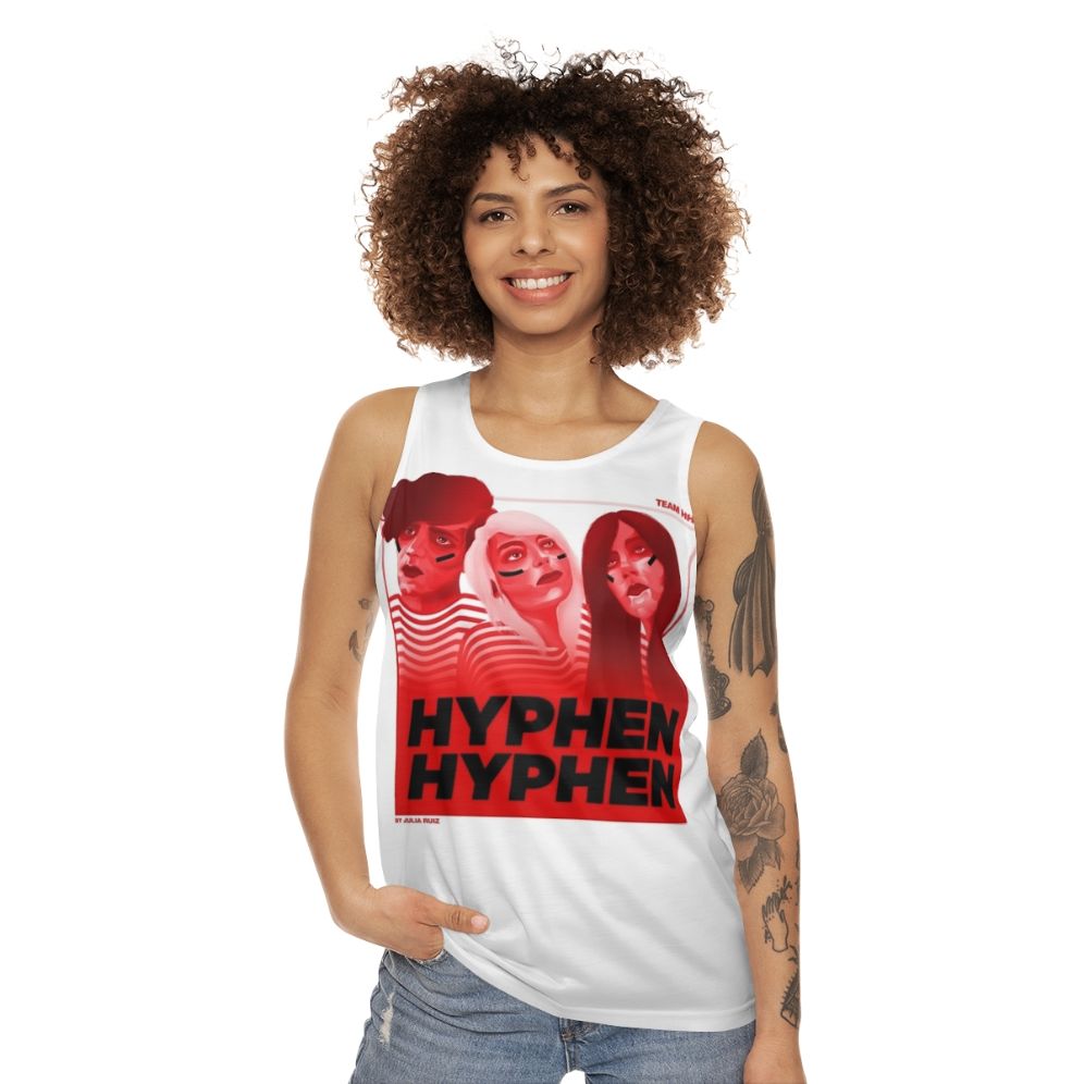 Unisex music tank top featuring Hyphen Hyphen band illustration - women