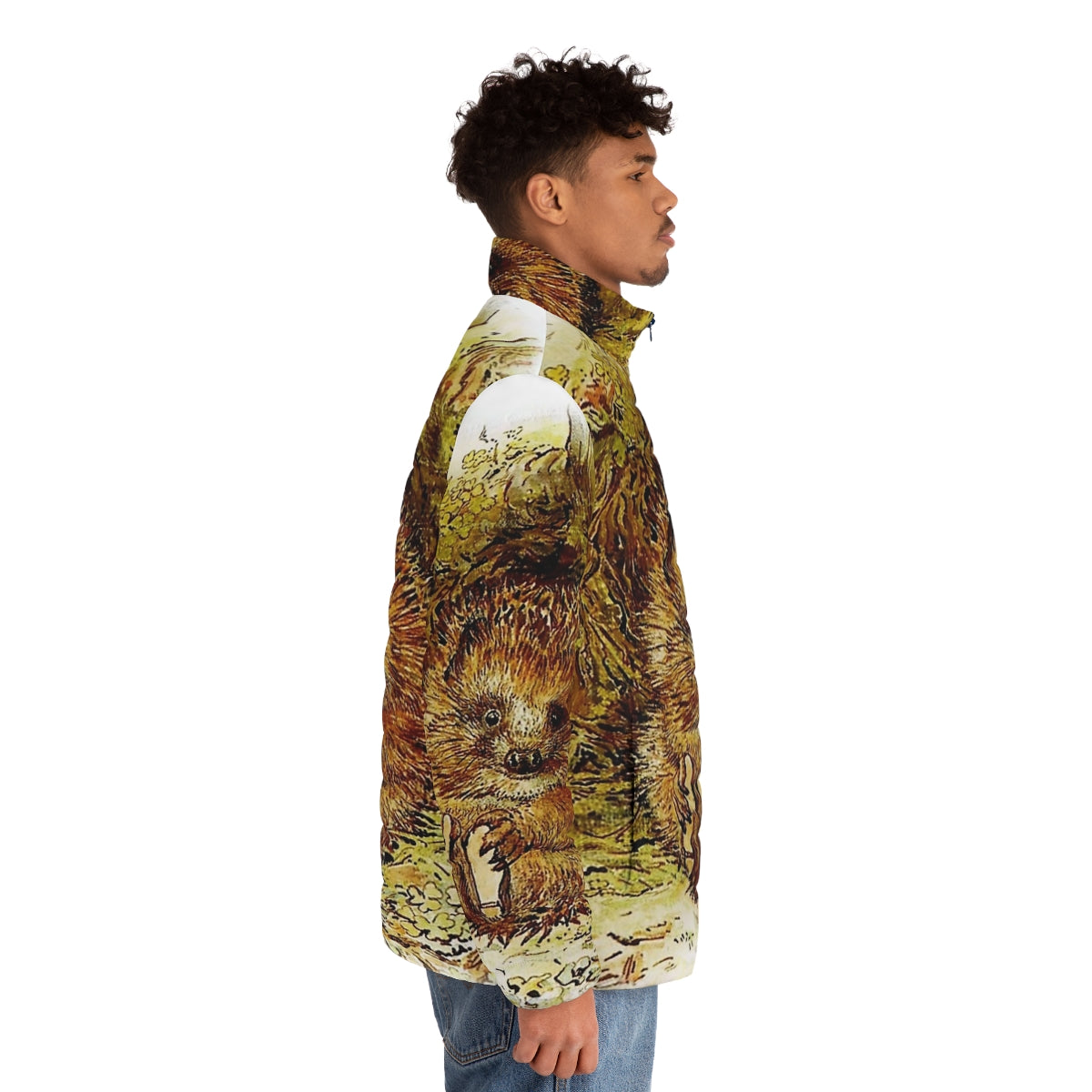 Beatrix Potter's Old Mr Pricklepin hedgehog character featured on a cozy puffer jacket - men side right