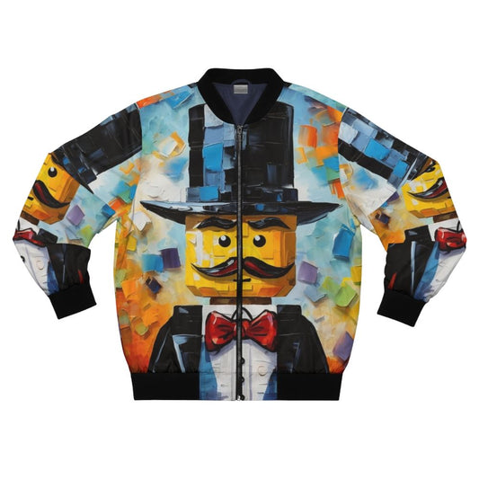 Colorful and funky Lego-inspired bomber jacket with a playful Lego minifigure design.