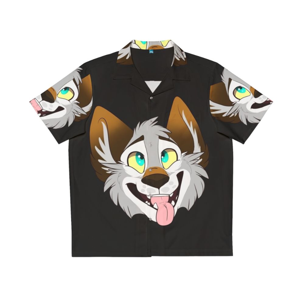 Cute happy wolf cartoon print on a hawaiian style shirt