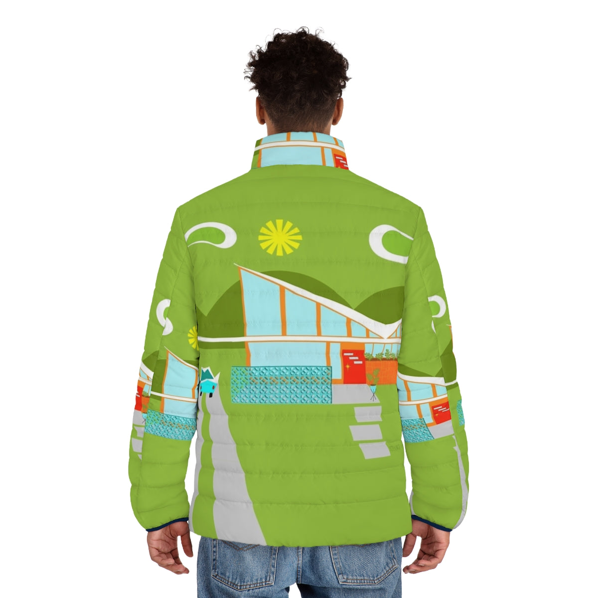 Retro Palm Springs House Puffer Jacket with Mid-Century Modern Design - men back