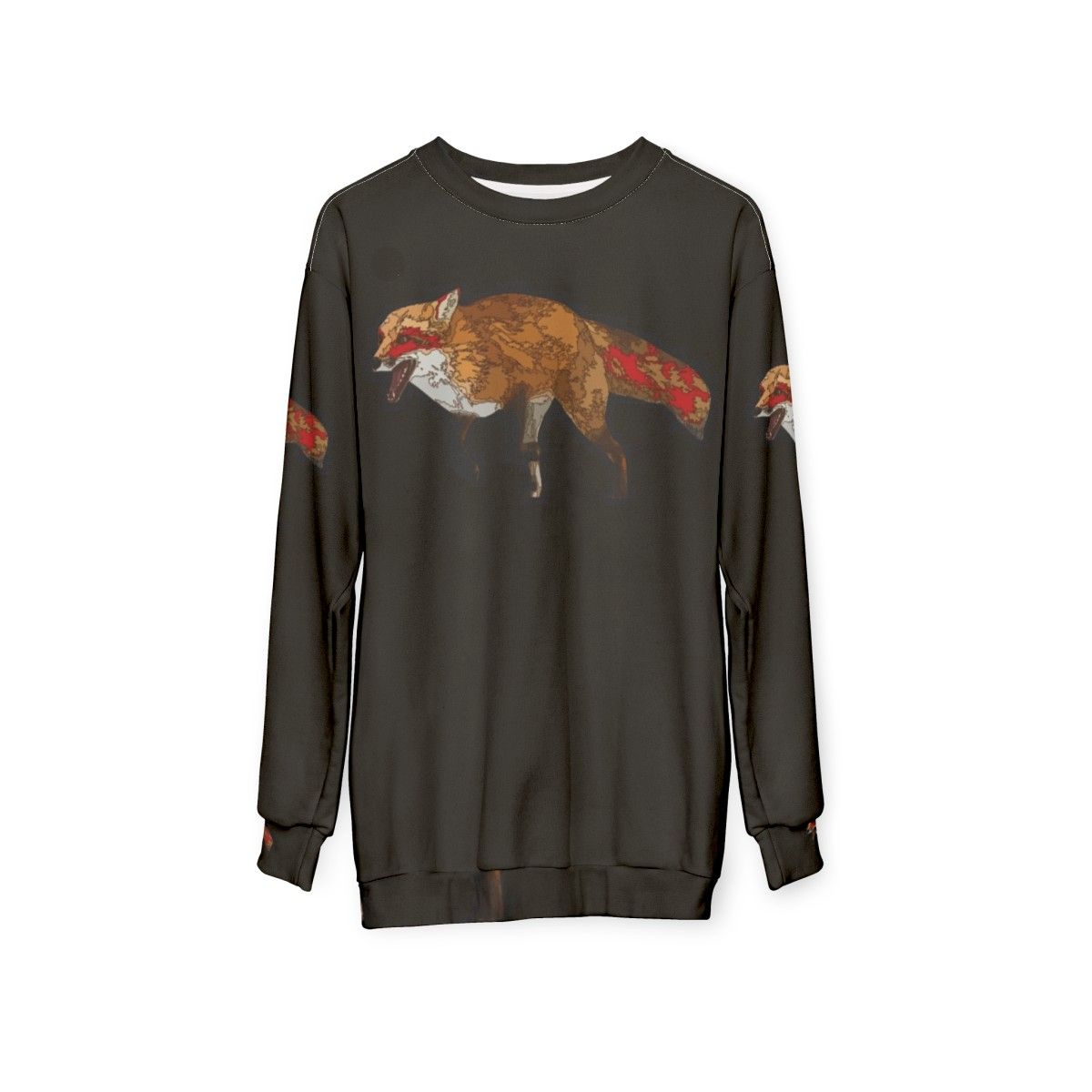 Kitsune spirit fox sweatshirt featuring a laughing red fox - hanging