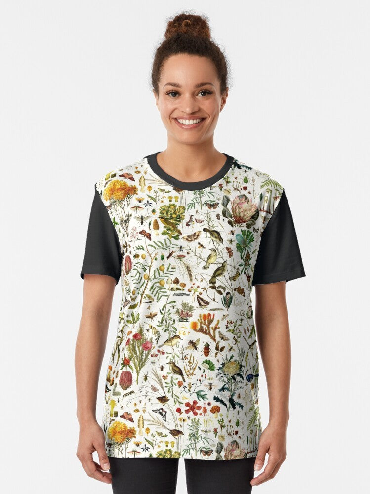 Vintage-style graphic t-shirt featuring a collage of Australian flora and fauna, including butterflies, birds, insects, and botanical elements. - Women