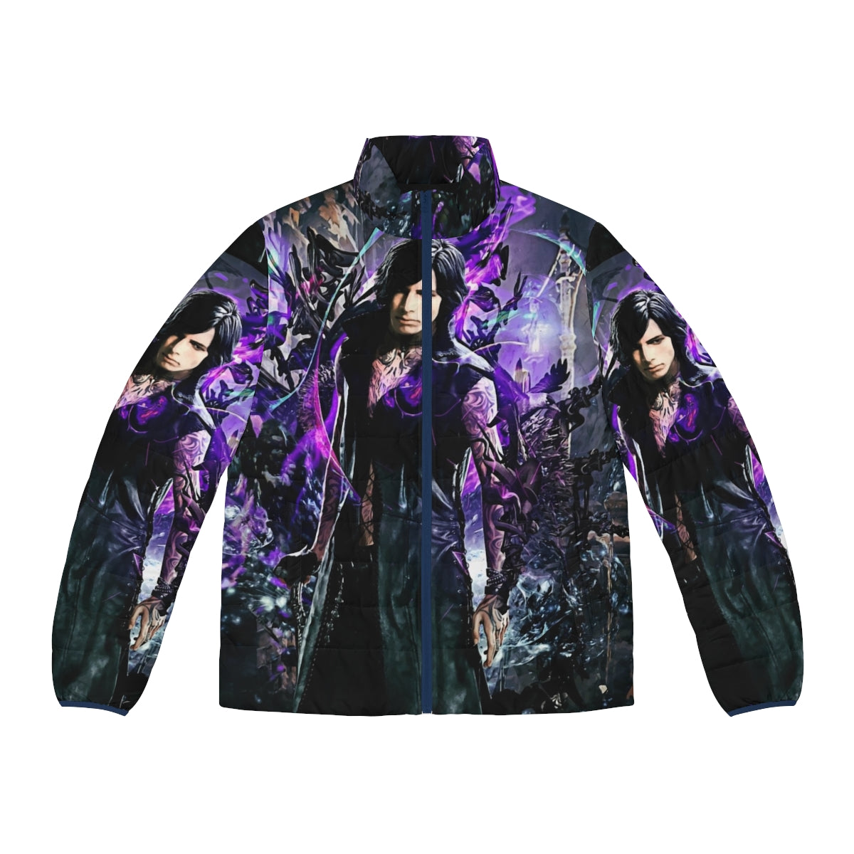 Devil May Cry 5 V inspired puffer jacket featuring Dante, Nero, and Vergil characters