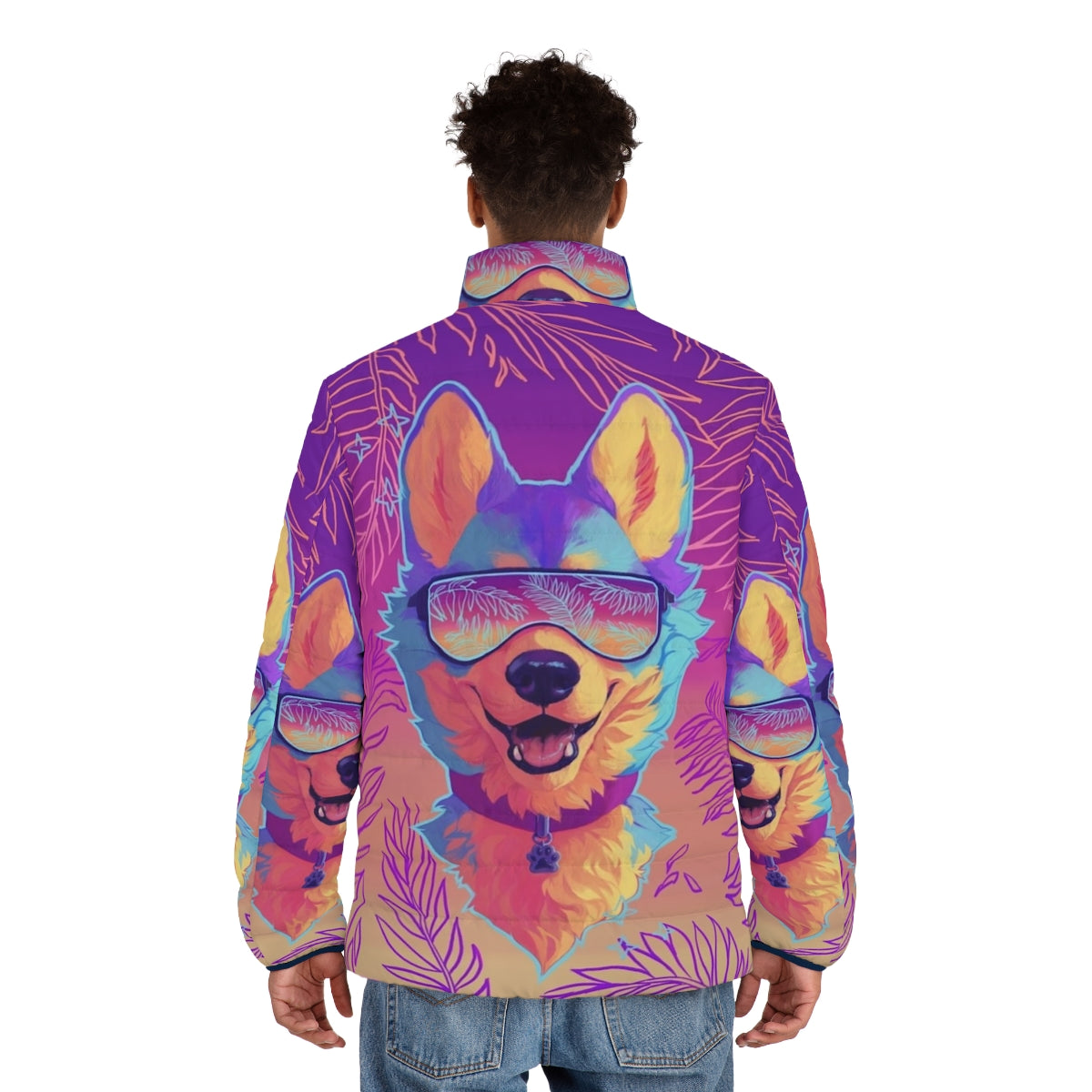 A vibrant and shimmering puffer jacket featuring an anthro sparkle dog design in a vaporwave aesthetic. - men back