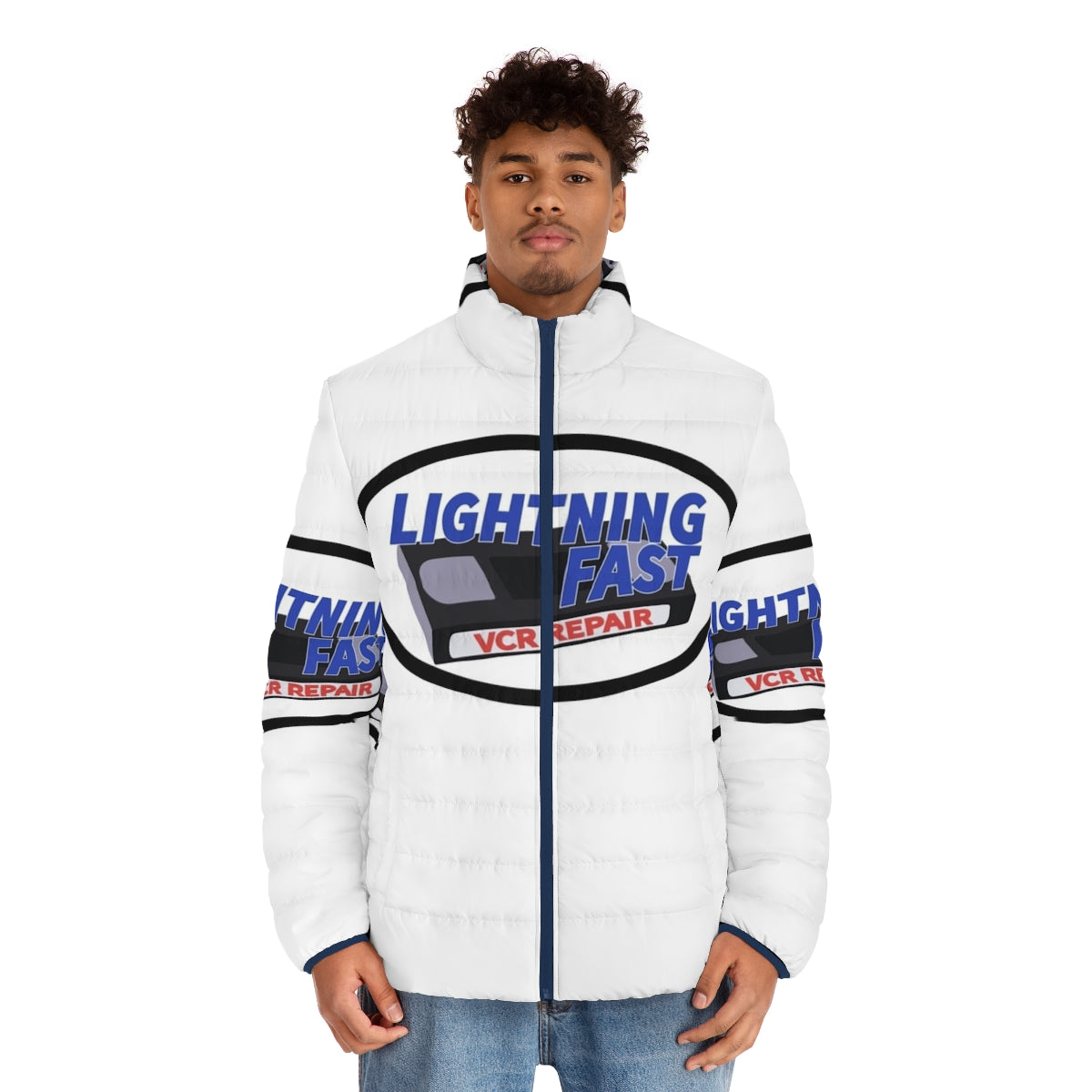 Red Letter Media inspired Lightning Fast VCR Repair logo printed on a puffer jacket - men front