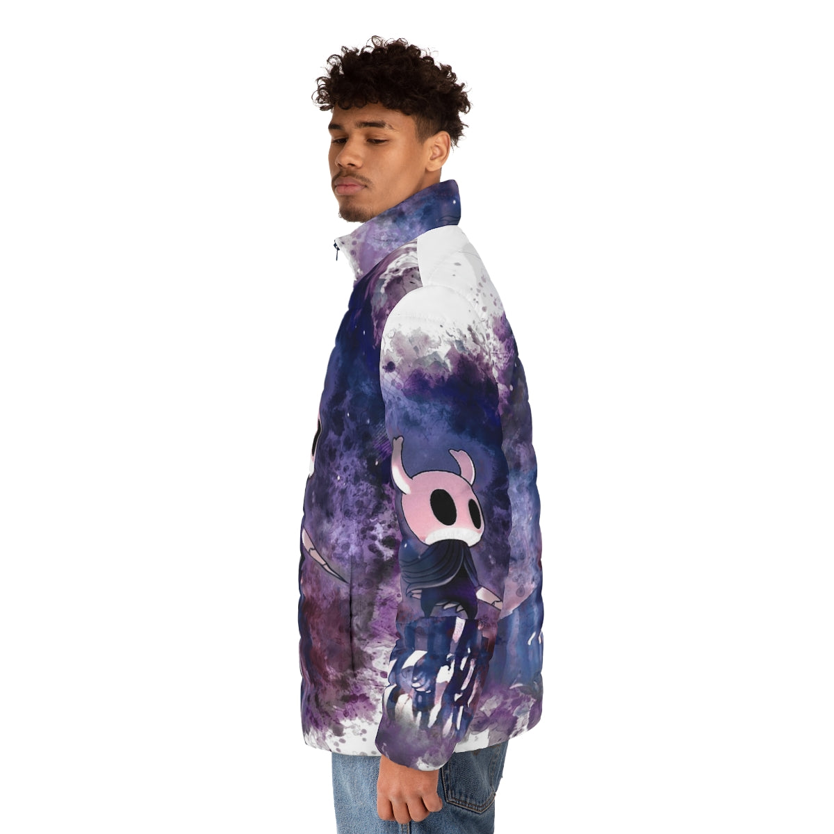 Hollow Knight inspired puffer jacket featuring game's iconic character and logo - men side left