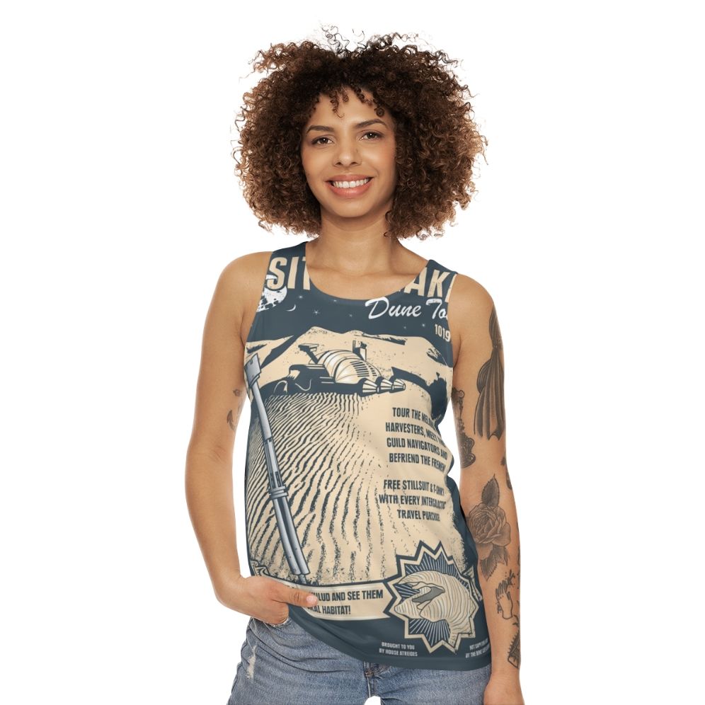 Dune-inspired "Visit Arrakis" unisex sci-fi tank top - women