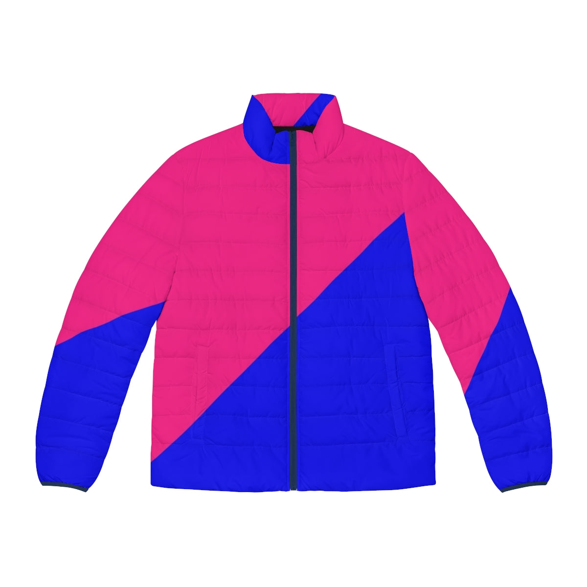 Woman wearing a pink and blue half and half puffer jacket by Enid Guinn for littlefluff545