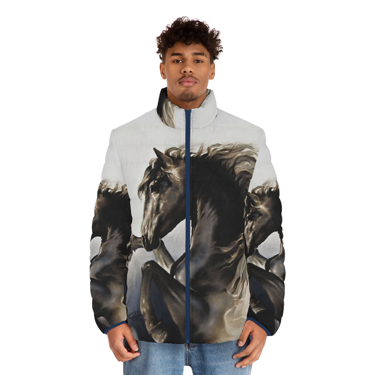 Black puffer jacket with a rearing black stallion design - men front