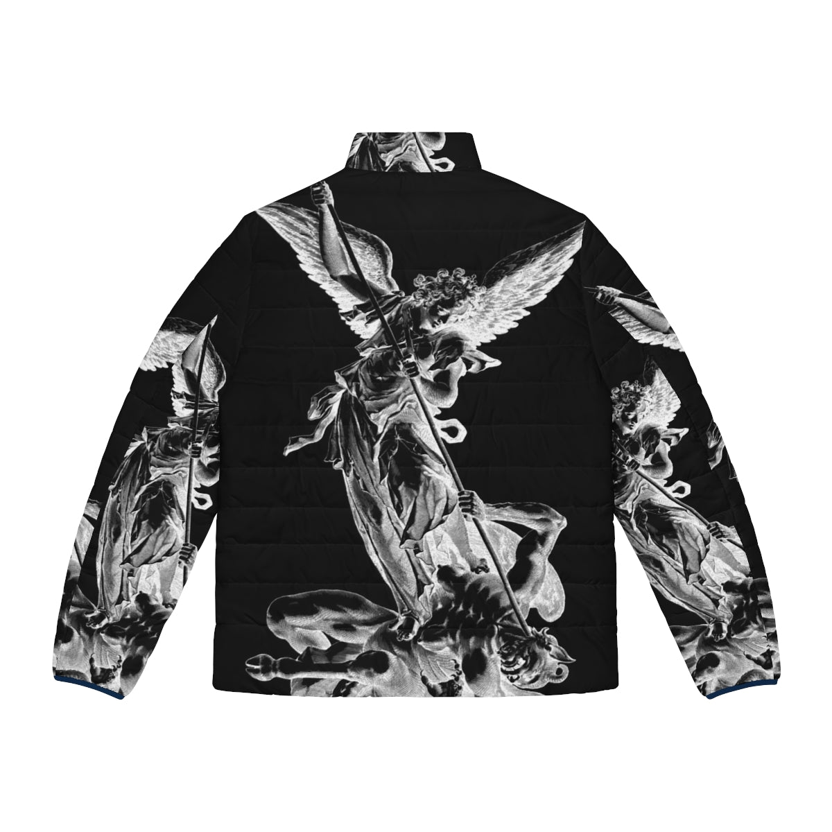 Archangel Michael puffer jacket featuring imagery of the celestial warrior conquering the devil - Back