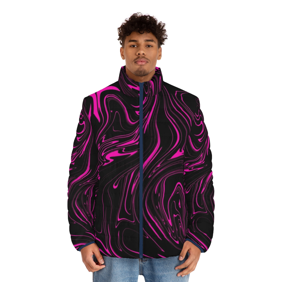 A model wearing a galaxy-printed puffer jacket, featuring a focus on the space-themed design. - men front