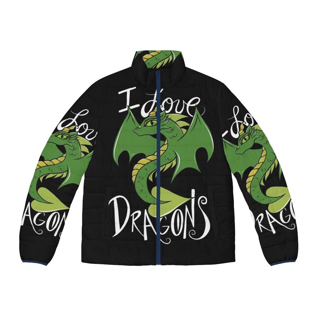 "I Love Dragons" puffer jacket featuring a green dragon design