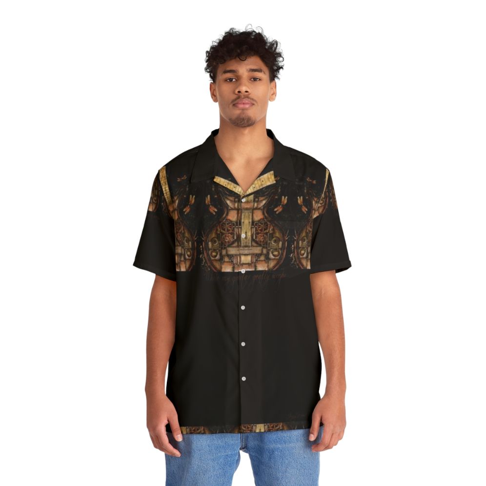 A Hawaiian shirt featuring a guitar design with steampunk-inspired cogs and gears - People Front