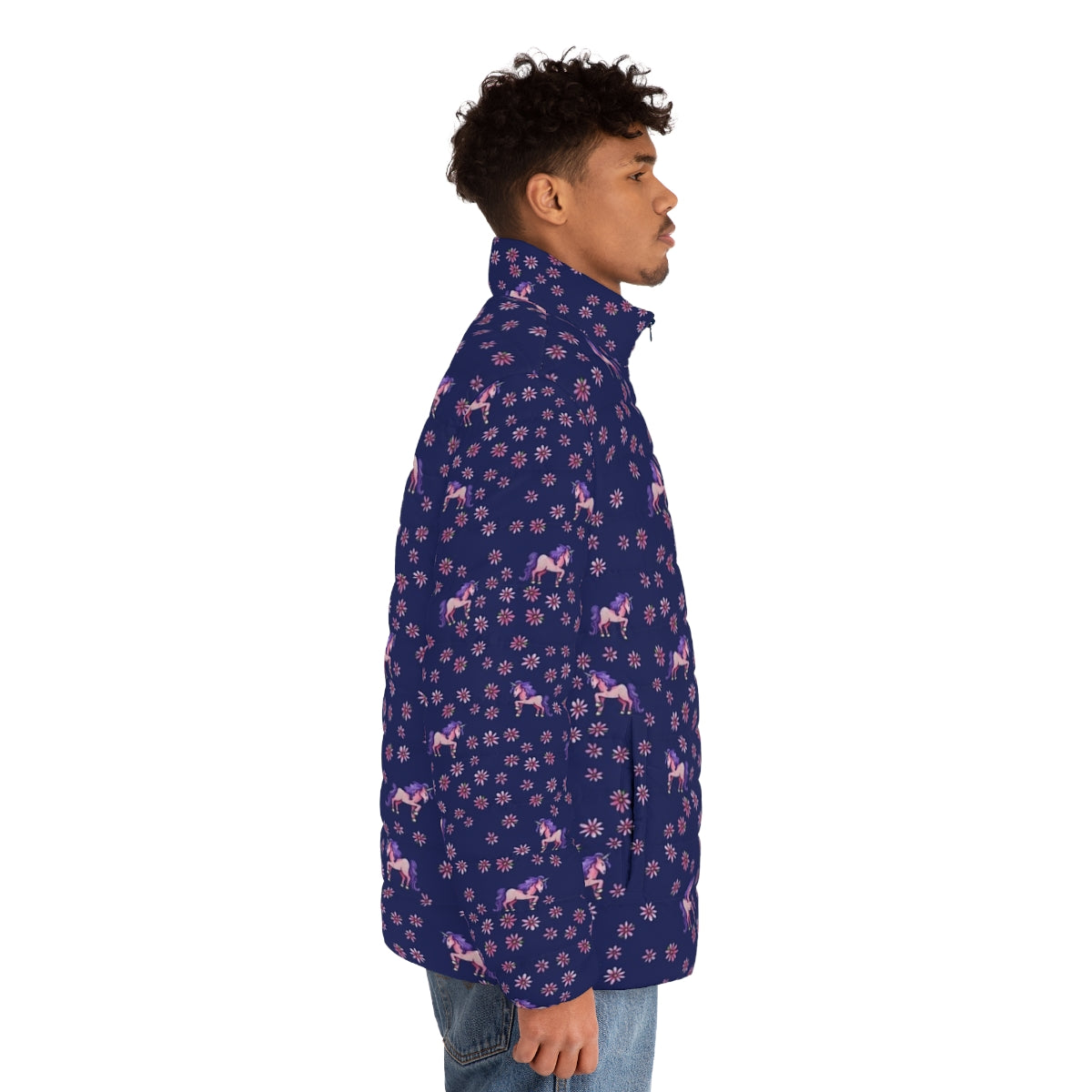 A vibrant puffer jacket featuring a magical unicorn and floral print design - men side right