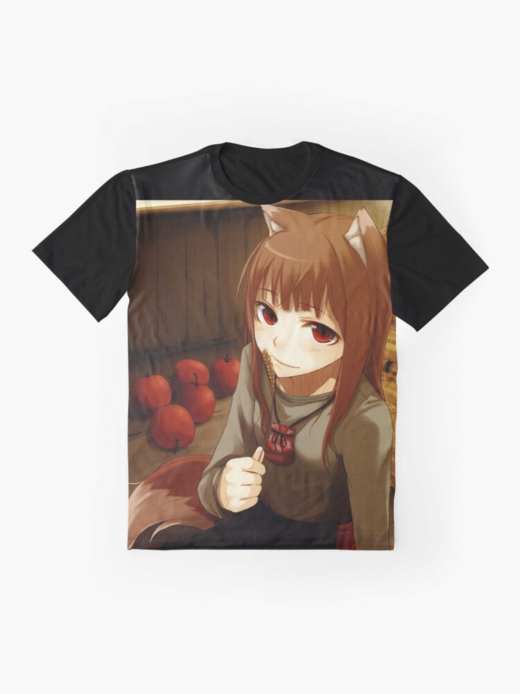 Horo, the wise wolf from the anime Spice and Wolf, featured on a graphic t-shirt design. - Flat lay