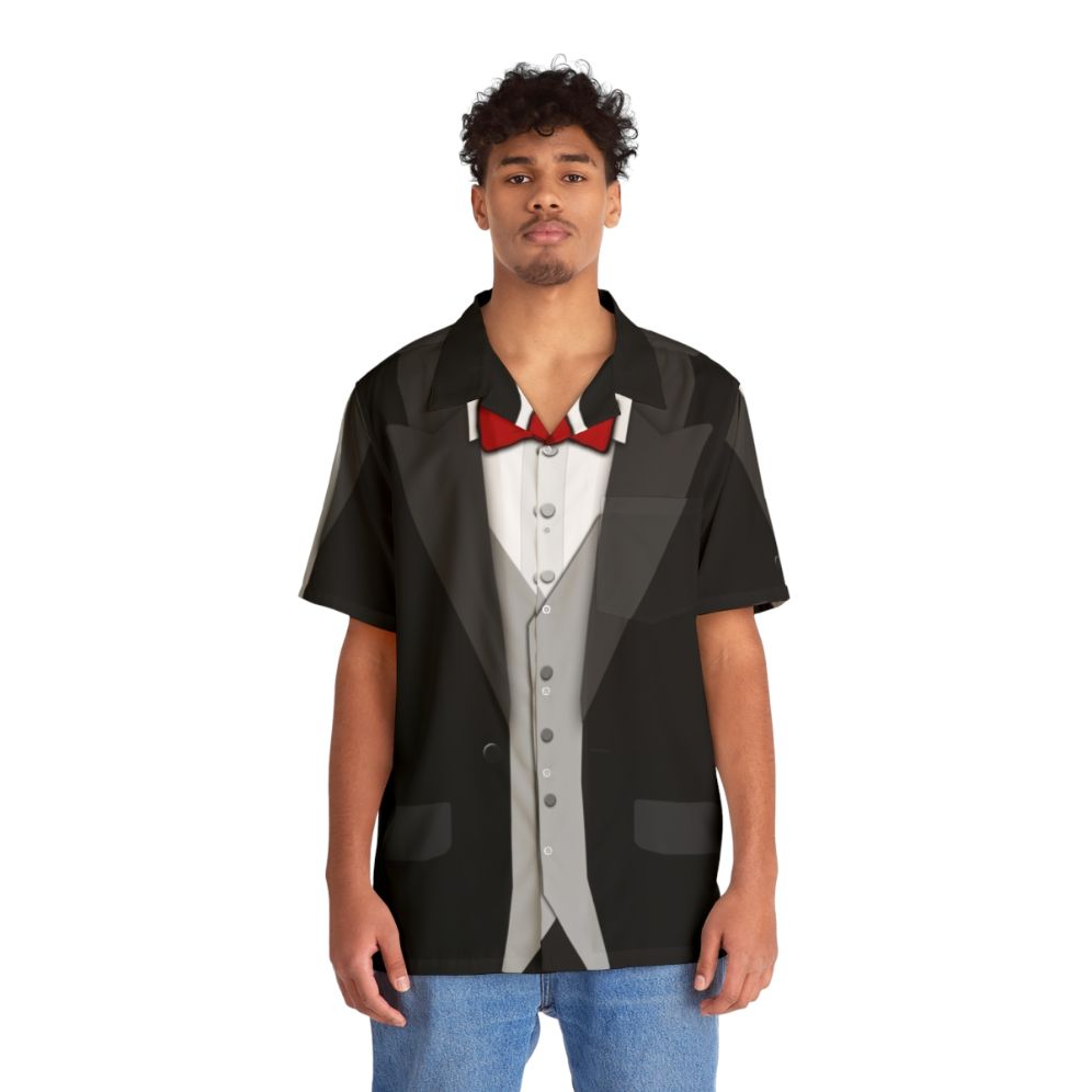 Black Tuxedo Hawaiian Shirt with Red Bowtie and Vest - People Front