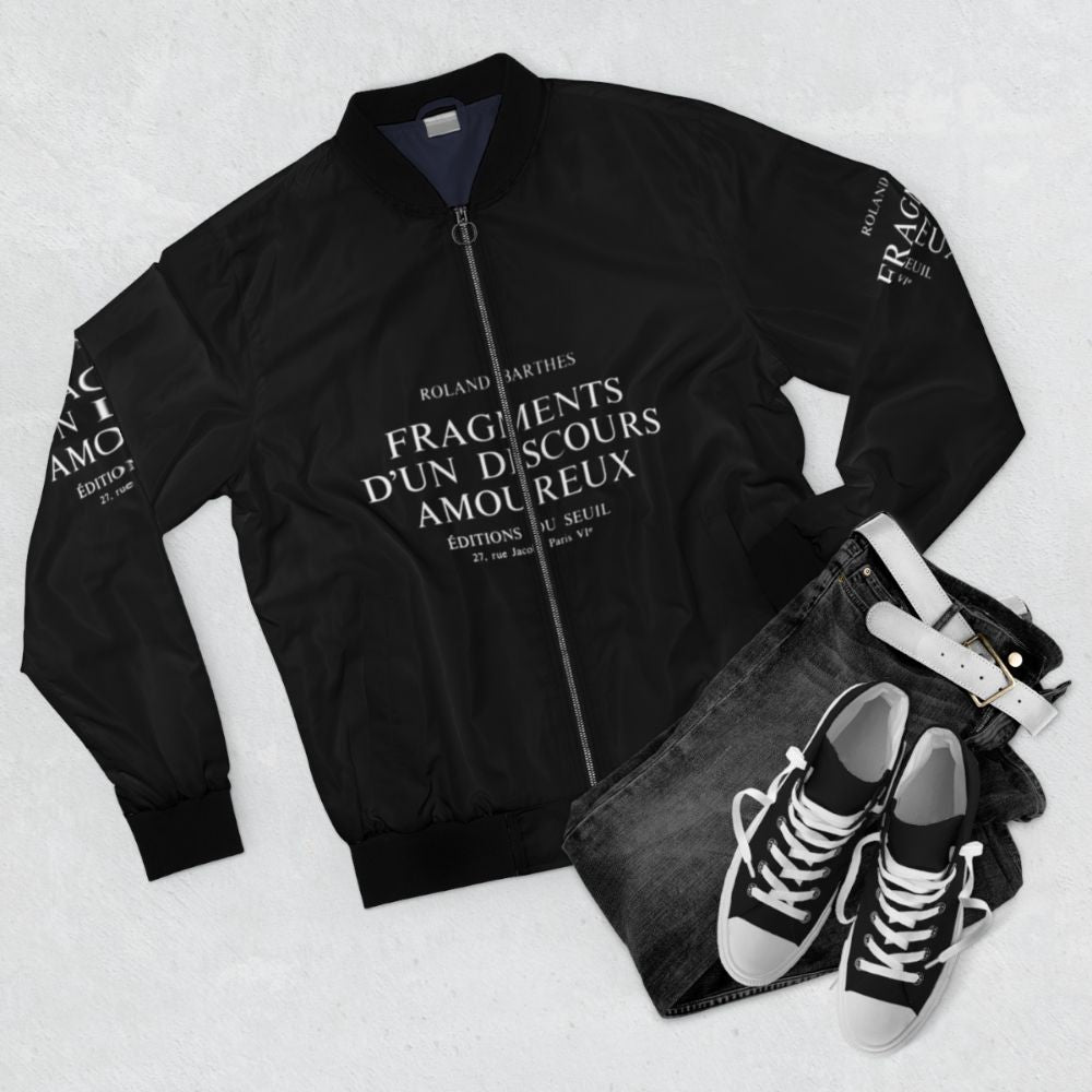 Roland Barthes "A Lover's Discourse" Bomber Jacket with French Philosophy Inspired Design - Flat lay