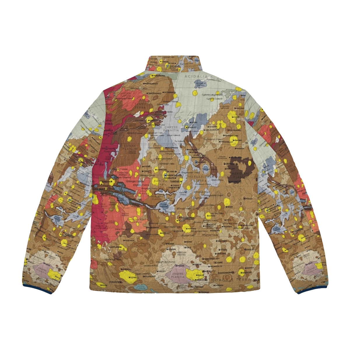 Puffer jacket featuring a detailed map of the geology and topography of the planet Mars - Back